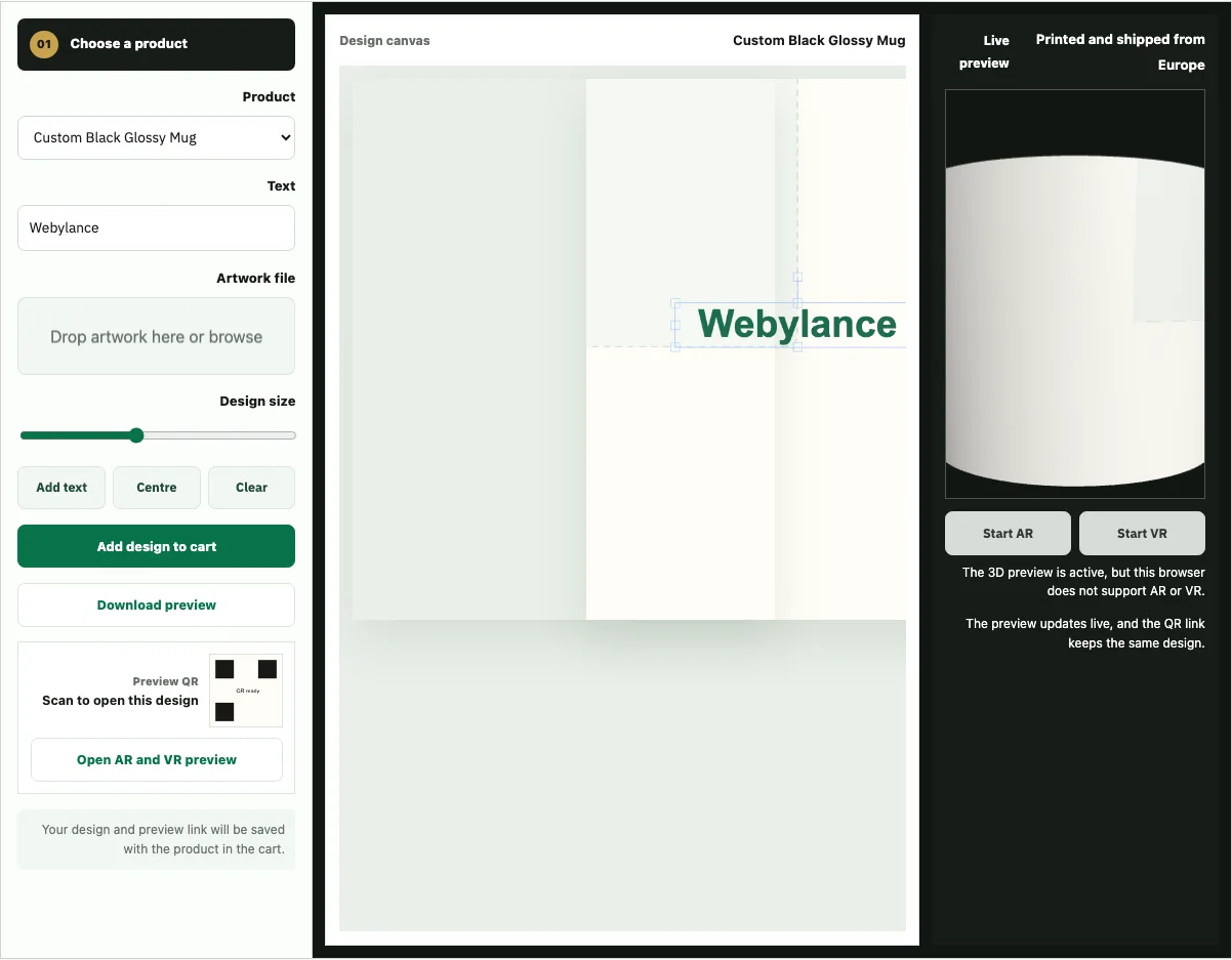 Webylance product design editor showing a custom mug preview